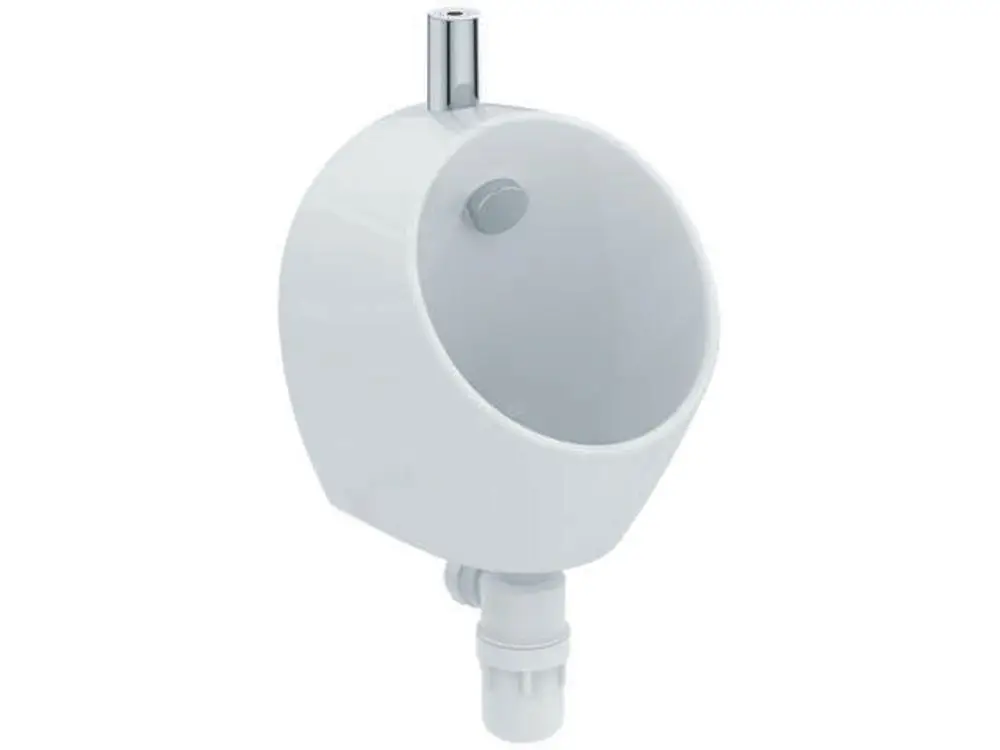 Weißes Urinal von Ideal Standard ohne Spülrand, mit obenliegendem Zulauf. Das Design ist schlicht und funktional, geeignet für öffentliche und private Einrichtungen.